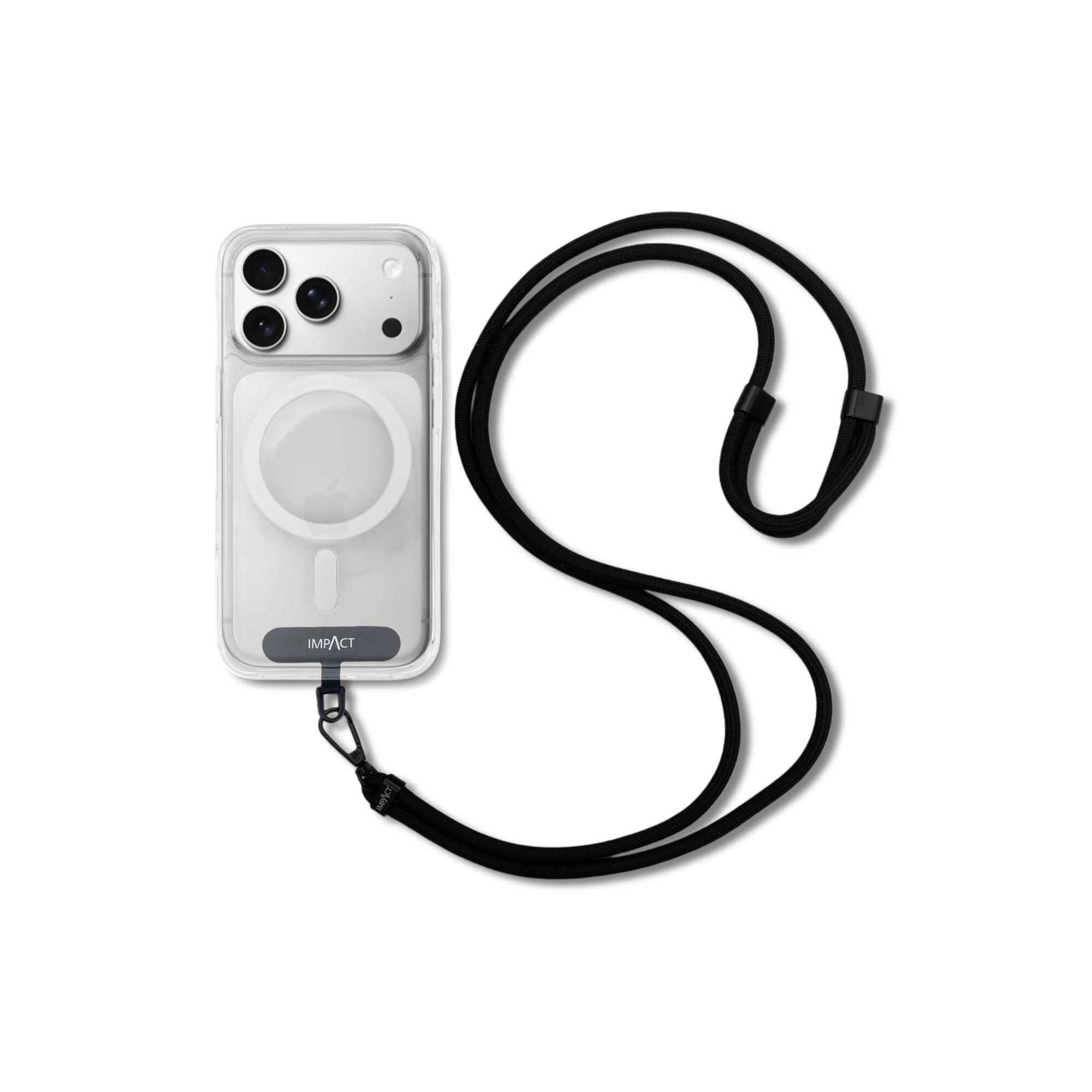 Titelbild recycelte iPhone 17 Pro Hülle transparent mit Kordel im Set
